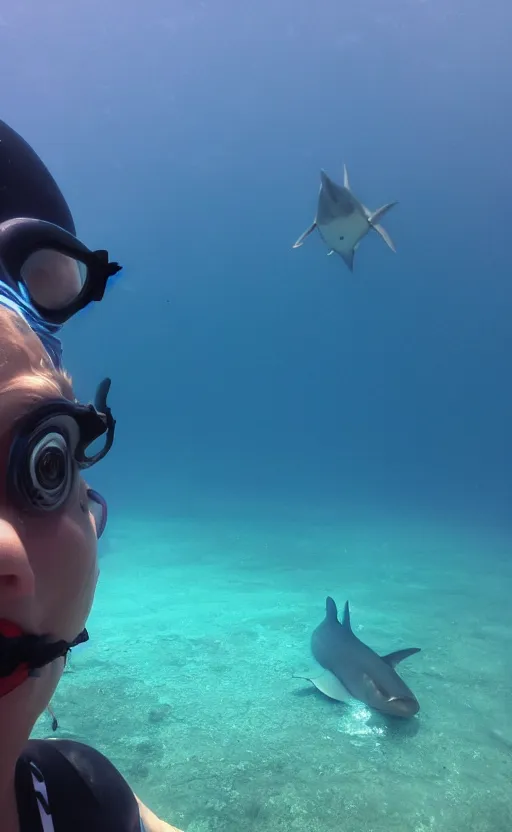 Prompt: im under water swimming with the fishes, i looked over and see a big shark swimming towards me, 8 k, gopro