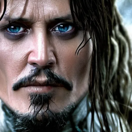 Image similar to symmetry!! photograph of johnny depp starring in the lord of the rings as aragorn, detailed - face!!, wide - angle!!, cinematic, intricate, elegant, highly detailed, film still, nikon, canon eos, zeiss lens, dramatic lighting, sharp - focus!!, photography!!