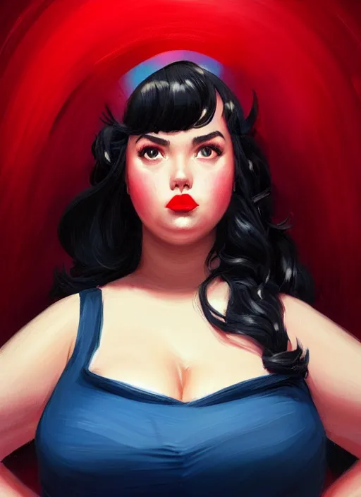 Image similar to full body portrait of teenage veronica lodge, obese, bangs, sultry, realistic, sultry smirk, wavy hair, red skirt, fat, belly, intricate, elegant, glowing lights, highly detailed, digital painting, artstation, concept art, smooth, sharp focus, illustration, art by wlop, mars ravelo and greg rutkowski