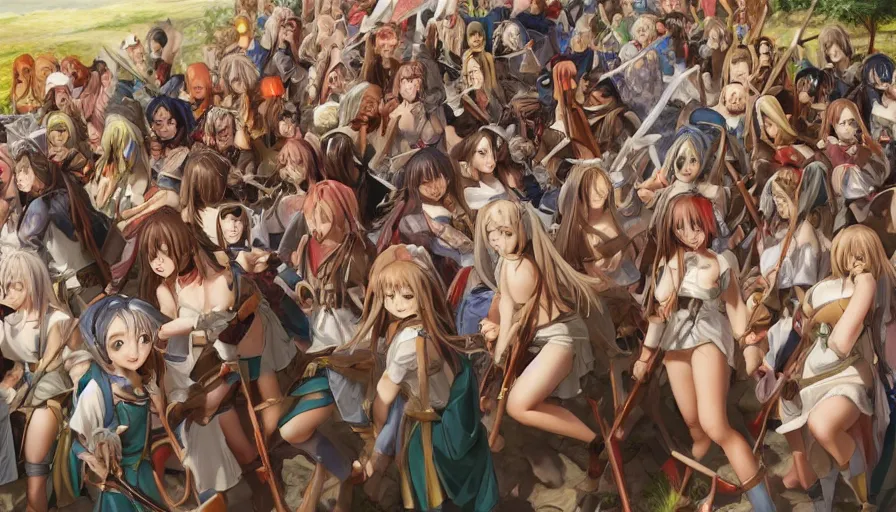 Image similar to jesus christ our lord standing in the front leading an army of cute anime girls into battle, photorealistic, anime, realistic faces, mini skirt, long hair, lightly dressed, renaissance painting, hyper real, detailed, closeup shot, ultra detailed