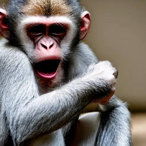 Image similar to an angry monkey listening to music with earphones, his family are trying to talk to him but he cannot hear them