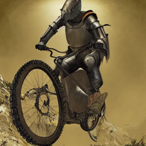 Image similar to a medieval knight riding a mountain bike in photorealistic style