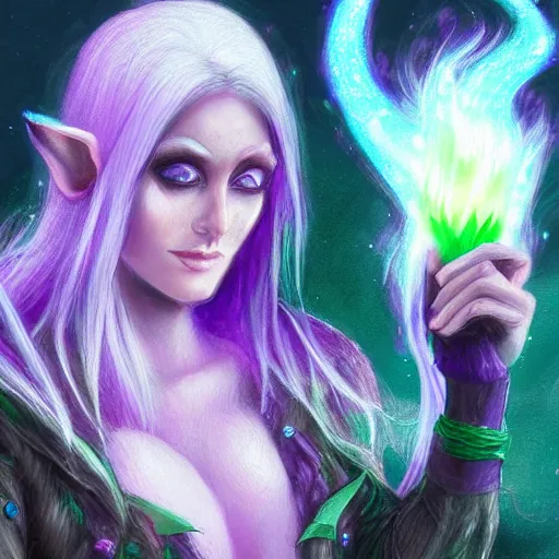 Prompt: a drow elf wizard, holding purple and green fire, female, auburn and blonde two toned hair, fantasy, d & d, intricate, elegant, highly detailed, digital painting, artstation, concept art, matte, sharp focus, illustration, in the style of magic the gathering