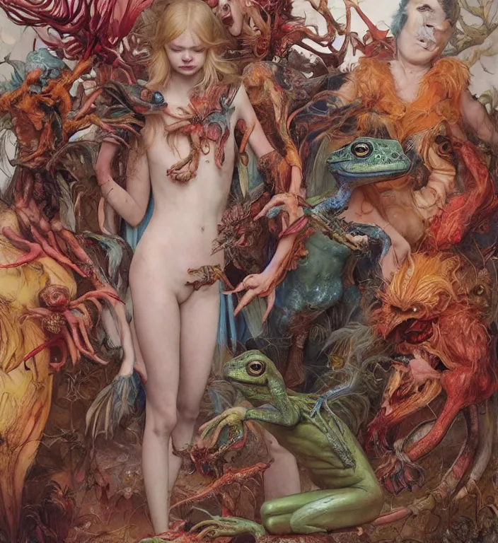 Image similar to elle fanning as a brightly colored harpy with wet mutated skin. she is trying on a amphibian alien suit. by tom bagshaw, donato giancola, hans holbein, walton ford, gaston bussiere, peter mohrbacher, brian froud and iris van herpen. 8 k, cgsociety