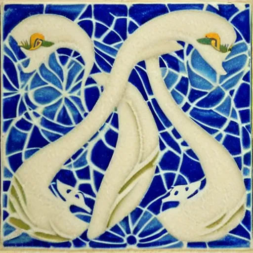 Prompt: beautiful detailed tile design depicting swans and waterlilies