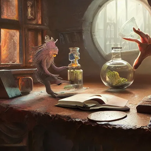 Image similar to hyper real, table, wizards laboratory, lisa parker, tony sart, mortar, pestle, scales with magic powder, energy flowing, magic book, beakers of colored liquid, greg rutkowski