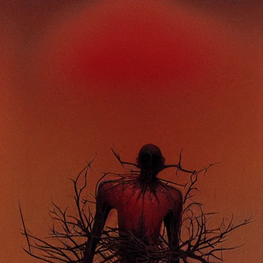 Image similar to an nondescript human, wrapped in thorns, in a desolate, charred desert, dark red, HDR, painted by zdzislaw beksinski