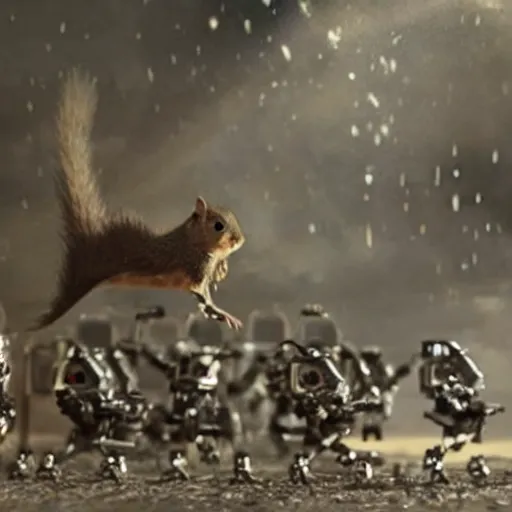 Prompt: atomic powered cybernetic squirrel farting lightning at an army of replicant robots