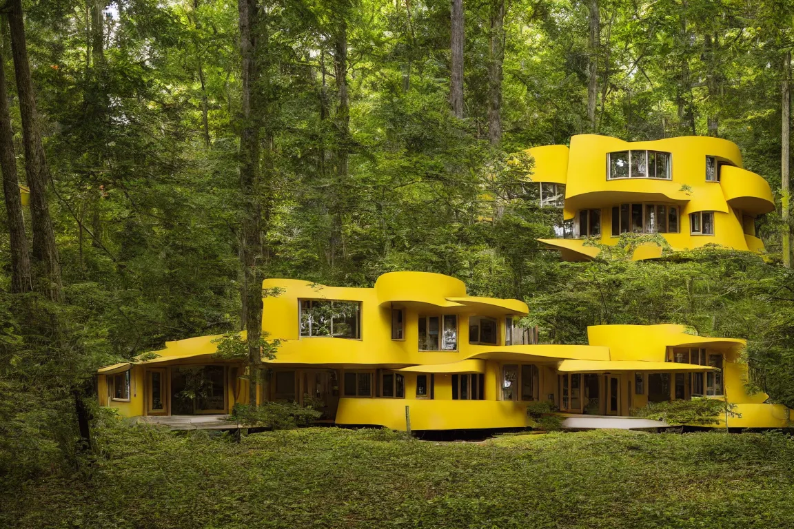 Prompt: a mid century modern house in a forest, designed by Frank Gehry. Big Tiles . Film grain, cinematic, yellow hue