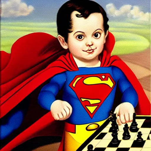 Image similar to superman baby playing chess looking wise, rococo oil painting, highly detailed