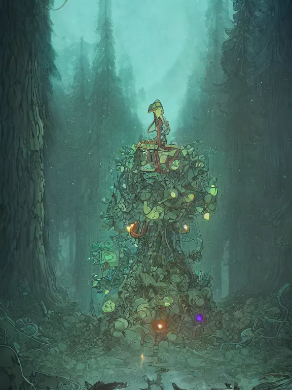 Prompt: large broken and abandonned robot un forbidden forest with trees and mushrooms on its head, stylized illustration by peter mohrbacher, moebius, mucha, victo ngai, colorful comics style