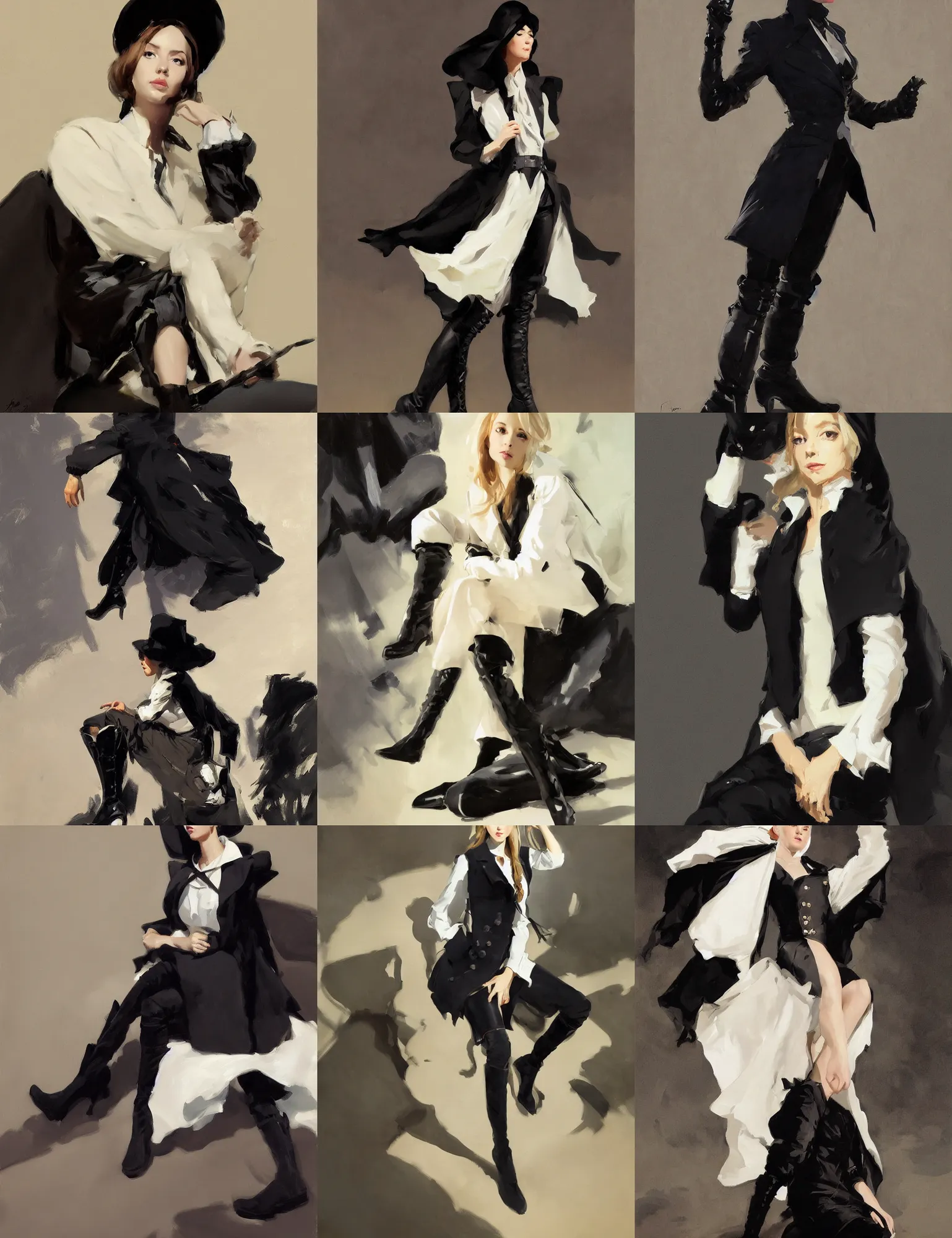 Prompt: black white cloth fabric jodhpurs knee high boots travel coat fashion, portrait in sitting pose, greg manchess painting by sargent and leyendecker, studio ghibli, fantasy, asymmetrical, intricate, elegant, matte painting, illustration, hearthstone, by greg rutkowski, by greg tocchini, by james gilleard, by joe fenton