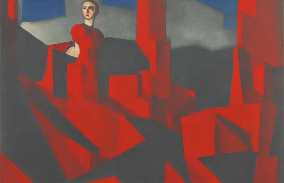 Image similar to a painting in the style of Oscar Florianus Bluemner, a woman in a red dress floats over dark factories