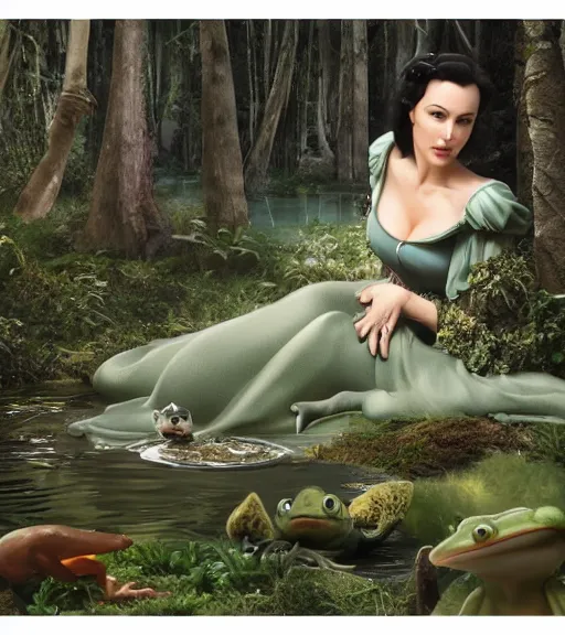 Image similar to film still of Monica Bellucci as snow white in a forest by a pond with frogs, by artgerm, makoto sinkai, magali villeneuve, Gil Elvgren, Earl Moran,Enoch Bolles, symmetrical,