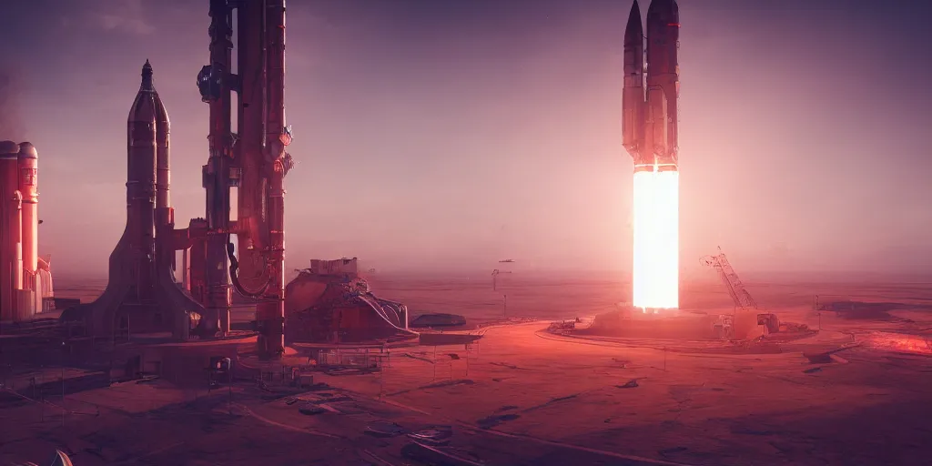 Image similar to futuristic steampunk rocket launch station, baikonur, stunning volumetric lighting, sundown, trending on Artstation, 8k, photorealistic, hyper detailed, unreal engine 5, cinematic, epic lighting, cryengine, octane render, cyberpunk, red and orange glow