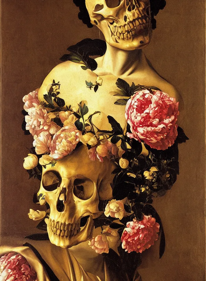 Prompt: portrait of a woman with a golden skull instead of a head in a dress of big peony petals, oil painting in a renaissance style , very detailed, painted by Caravaggio.