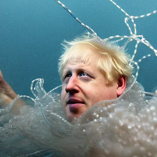 Prompt: Boris Johnson underwater, tangled in a fishing net