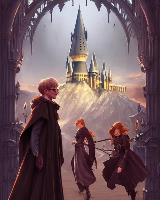 Image similar to characters from harry potter, hogwarts castle background, mtg, d & d, fantasy, intricate, elegant, highly detailed, digital painting, artstation, concept art, matte, sharp focus, illustration, hearthstone, art by artgerm and greg rutkowski and alphonse mucha