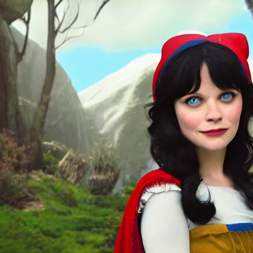 Image similar to zooey channel as snow white with the seven dwarfs, uhd, photorealism, realistic, wide shot, full shot,