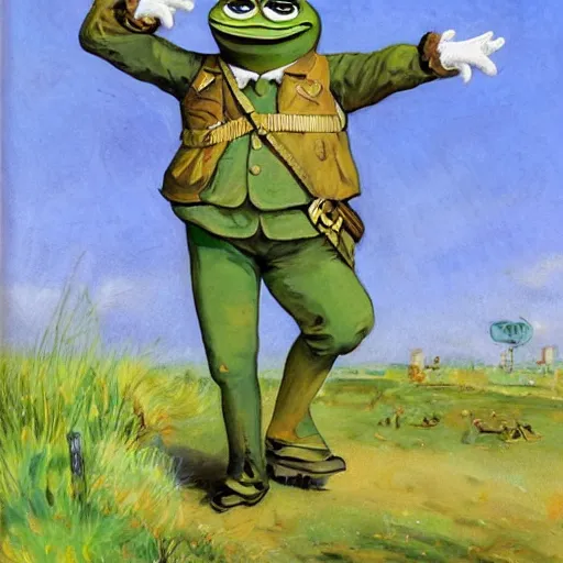 Prompt: pepe the frog saluting prussians soldiers in 1864, expressive oil painting