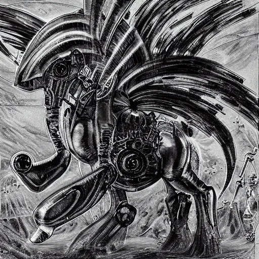 Image similar to detailed black and white science fiction painting of my little pony in the style of h r giger and wayne barlowe