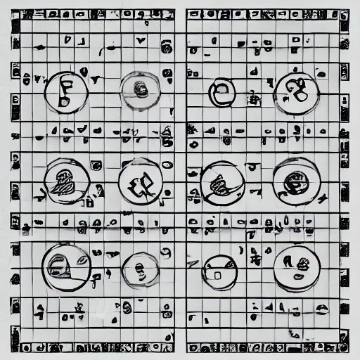 Prompt: a paper with the grammar rules of an alien language in the form of squares and circles