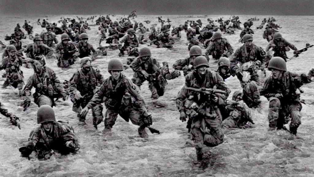 Prompt: Saving Private Ryan storming the beach at Normandy but all of the soldiers are velociraptors, movie screenshot, directed by Henry Selick and Tim Burton.