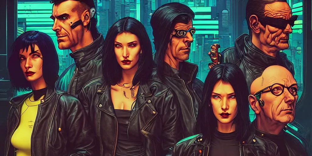 Image similar to cyberpunk heist crew. portrait by stonehouse and mœbius and will eisner and gil elvgren and pixar. character design. realistic proportions. dystopian. cyberpunk 2 0 7 7 character art, blade runner 2 0 4 9 concept art. cel shading. attractive face. thick lines. the team. detailed interesting characters.