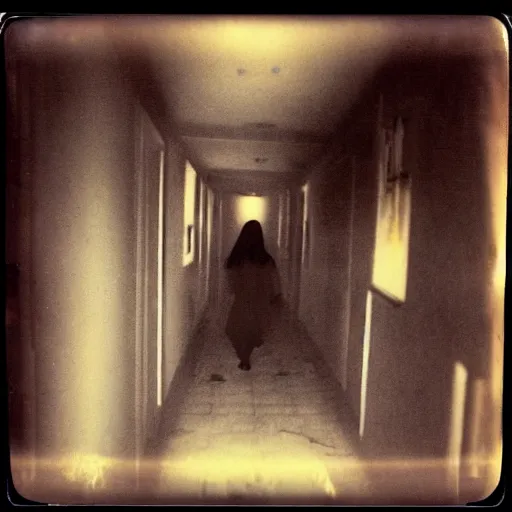 Image similar to A creepy polaroid photo of Jesus chasing you down a hallway