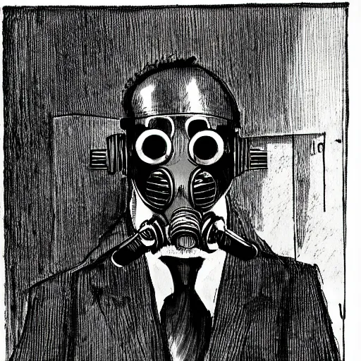 Prompt: A man wearing a suit and a gas mask standing in a white room, illustration, etching, in the style of Otto Dix, high quality, highly detailed, artstation