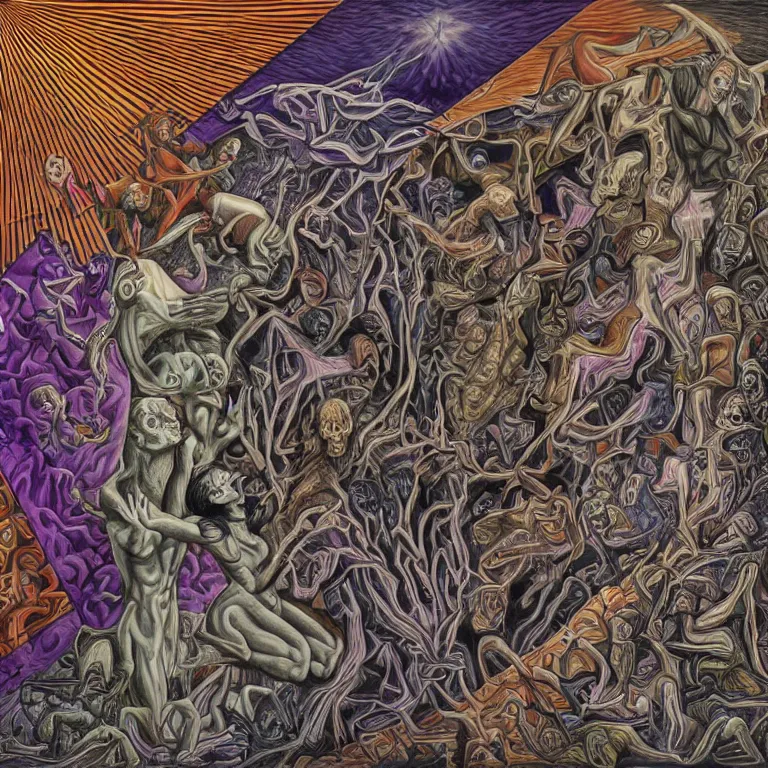 Image similar to transformation through death by Alex Grey and M. C. Escher collaboration