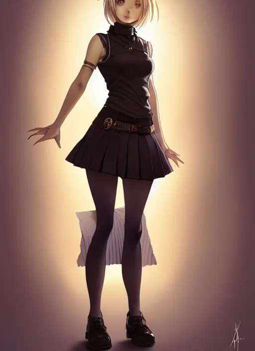 Image similar to portrait of a full body of beautiful young female detective, d & d, sleeveless turtleneck, pleated skirt, fantasy, flat lighting, intricate, highly detailed, digital painting, artstation, concept art, smooth, sharp focus, illustration, misa amane, art by simon bisley and greg rutkowski and alphonse mucha, natural tpose