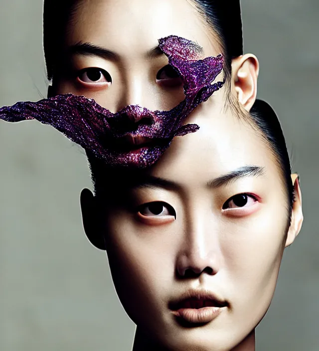 Image similar to photography facial portrait of liu wen, natural background, natural pose, wearing stunning cape by iris van herpen, with a colorfull makeup. highly detailed, skin grain detail, photography by paolo roversi, nick knight, helmut newton, avedon, araki