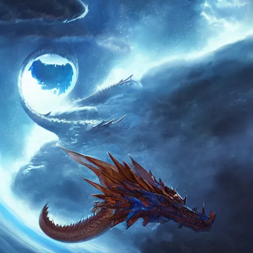 Image similar to Gigantic blue scaled dragon devouring an earth like planet while flying in space, sun system, behemoth, oil painting, by Greg Rutkowski