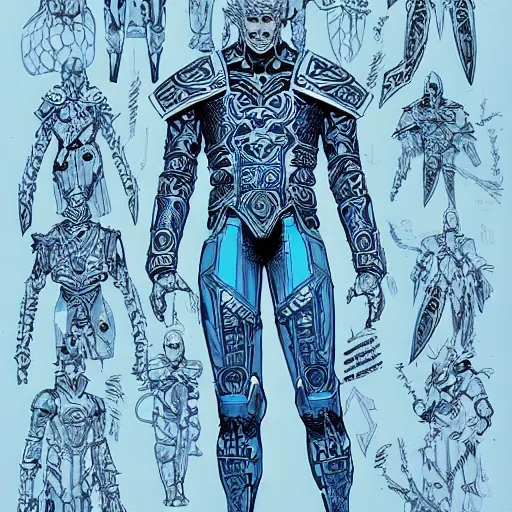 Image similar to white-on-blue blueprint with anotations of ornate armor legs covered in runic tattoos, Travis Charest style