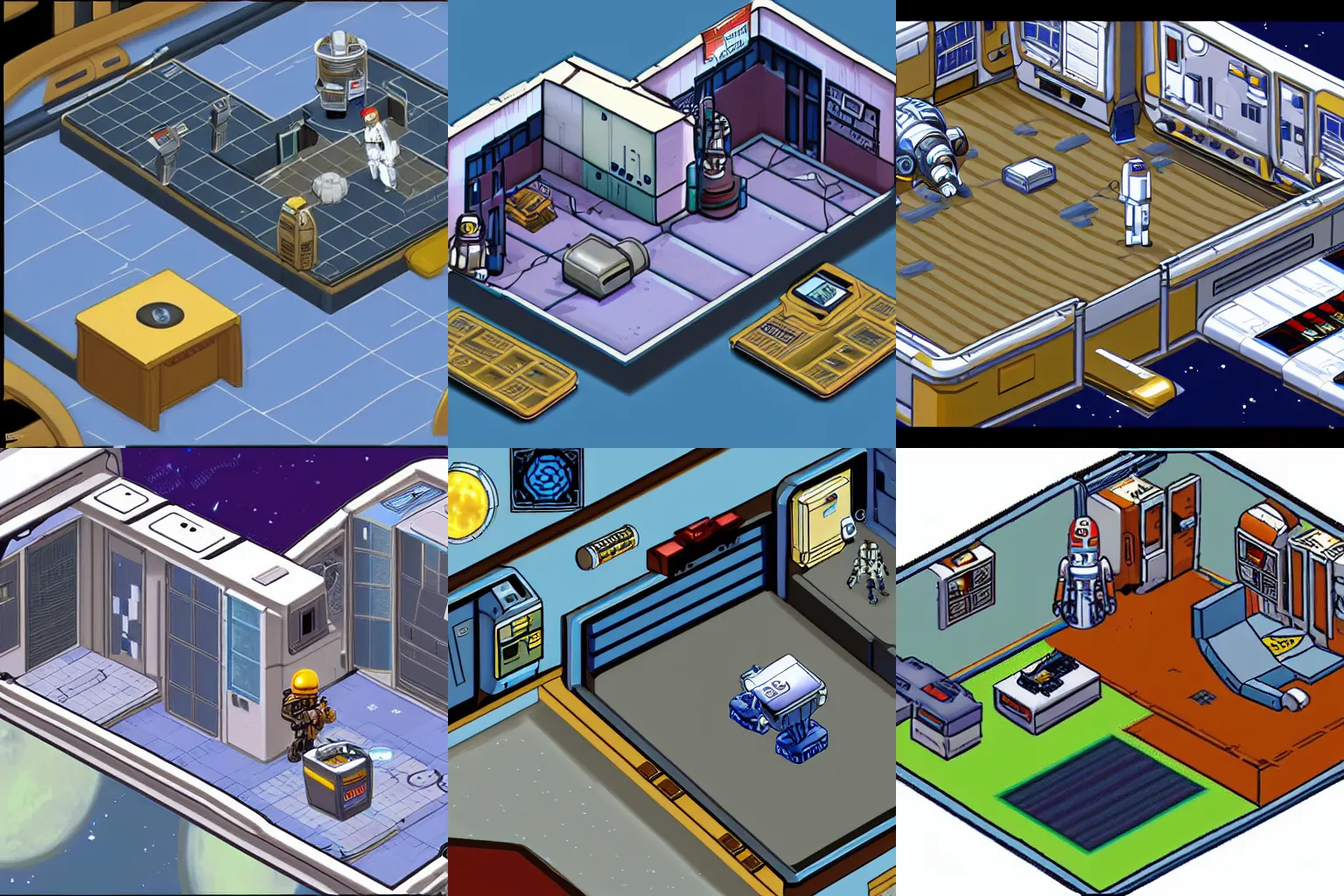 Prompt: isometric view of an officer\'s living quarters on a space station, with a hovering droid inside it, from a space themed Lucasarts graphic adventure game made in 2008