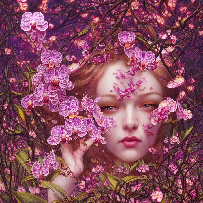 Prompt: extremely psychedelic lattice made of orchid and cherry blossom and musroom, LSD, diffuse lighting, fantasy, intricate, elegant, highly detailed, lifelike, photorealistic, digital painting, artstation, illustration, concept art, smooth, sharp focus, art by John Collier and Albert Aublet and Krenz Cushart and Artem Demura and Alphonse Mucha