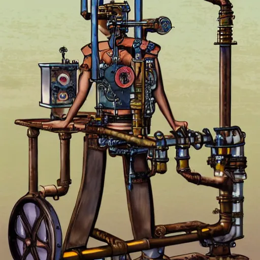 Prompt: A random pointless contraption ((steampunk)) industrial appliance pneumatic machine with no apparent purpose, being operated by a scholarly looking man with a clear directed gaze, artwork by Steve Henderson