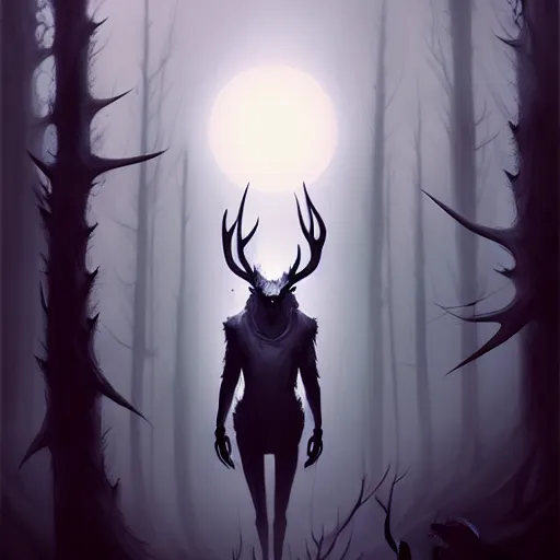 Prompt: in the style of artgerm, peter mohrbacher, rafael albuquerque, wendigo, in the forest emerging from the shadows, deer skull face, antlers, fog, full moon, moody lighting, horror scary terror