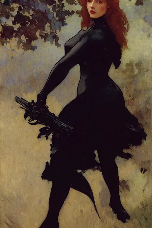 Prompt: elegant romantic portrait photo of hugh jackman as black widow by greg manchess, mucha, william adolphe bouguereau, john singer sargent, sorolla, winslow homer, dean cornwell, james gurney, kilin eng, ilya repin, armor