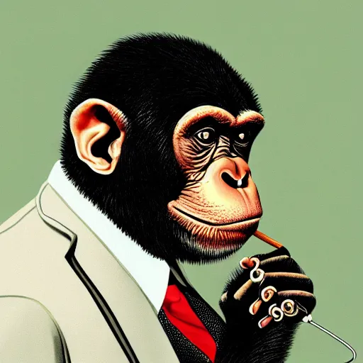 Image similar to a high detail portrait of a chimp wearing a suit 👔,and smoking🚬