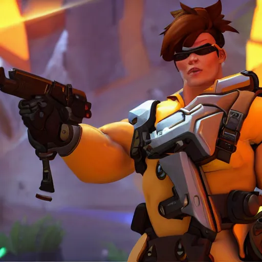 Image similar to a screenshot of arnold schwarzenegger as tracer in overwatch, temple of anubis map