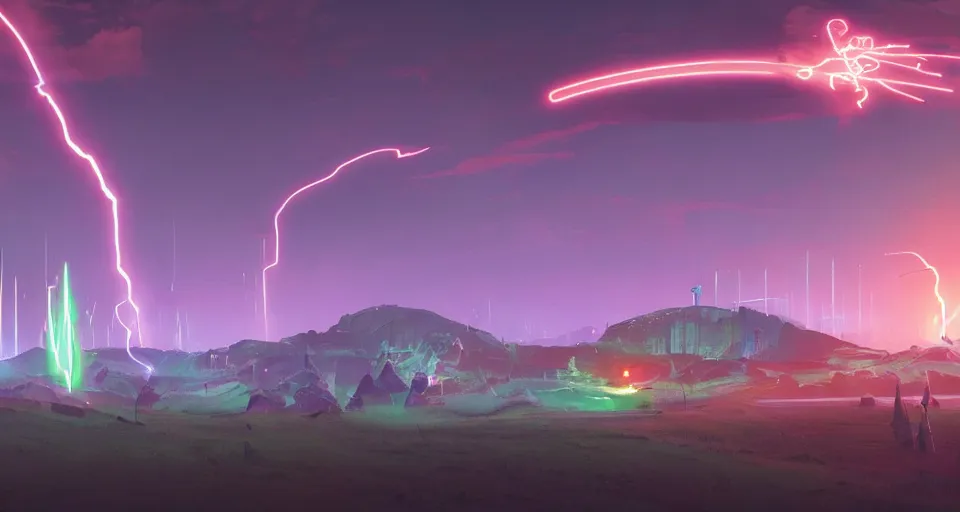Image similar to Landscape with GIANT neon lightning bolt striking a futuristic castle, center composition, cinematic, rendered by simon stålenhag, rendered by Beeple, Makoto Shinkai, syd meade, environment concept, digital art, starwars, unreal engine, 3 point perspective, WLOP, trending on artstation, low level, 4K UHD image, octane render,