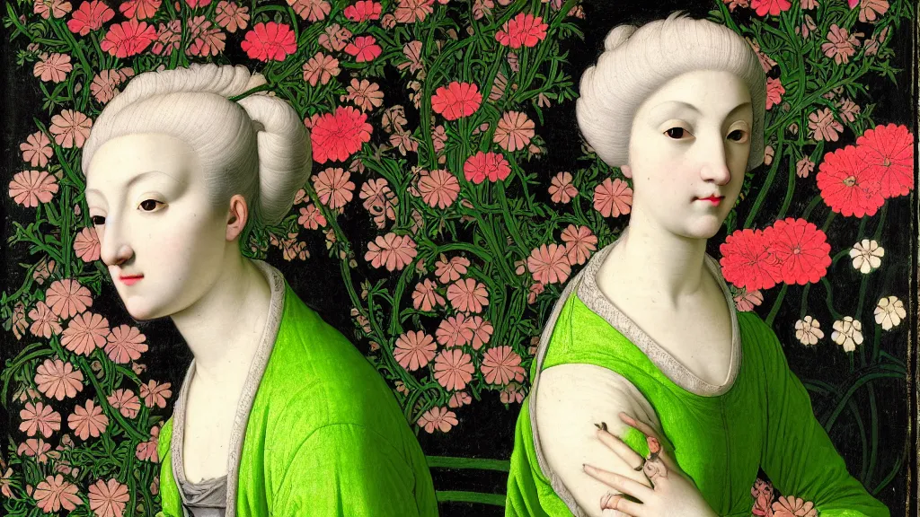 Prompt: portrait of a woman with neon green hair, wearing a black hoodie, standing in a garden full of flowers, intricate details, high detail, in a renaissance style, super-flat, in the style of Jean Auguste Dominique Ingres, James Jean, punk, Asian art,