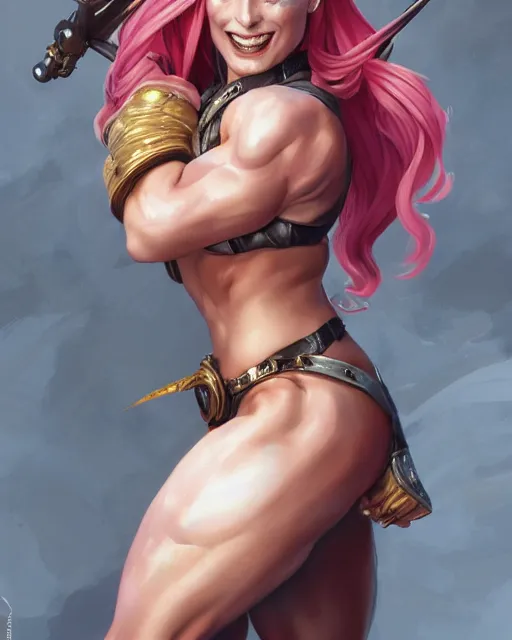 Prompt: full figure ultra realistic illustration, margot robbie as thick female bodybuilder pirate zarya from overwatch smiling with closed eyes, intricate, elegant, highly detailed, digital painting, artstation, concept art, smooth, sharp focus, illustration, art by artgerm and greg rutkowski and alphonse mucha