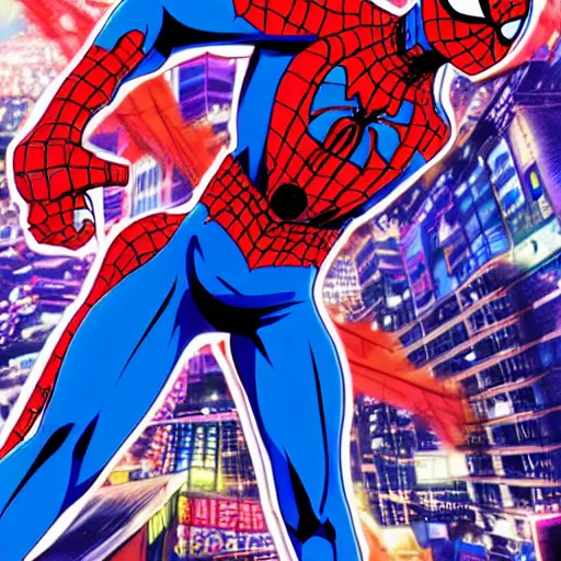 Prompt: Anime key visual of Cyberpunk ninja Spider-Man in a colorful blue and scarlet suit, wearing a scarlet hoodie, riding a skateboard in Berlin, official media drawn by Hirohiko Araki, anime magazine cover, manga cover, in the style of JOJO’s bizarre adventure, Hirohiko Araki artwork