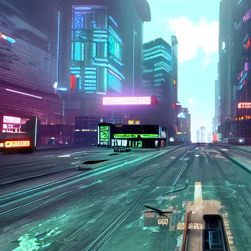 Image similar to Open world GTA-like cyberpunk game, futuristic city, HUD, screenshot, PlayStation 2