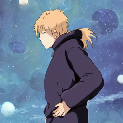 Image similar to Spirited away dark blonde guy with blue eyes in space