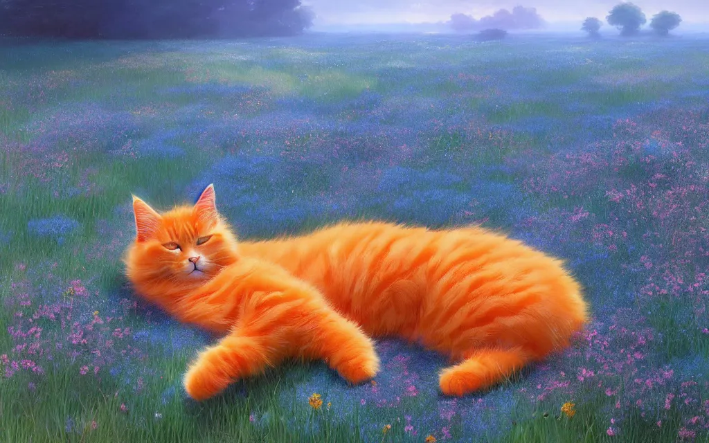 Image similar to fluffy orange cat sleeping in a field of blue flowers, matte painting, digital illustration, concept art, by makoto shinkai and ruan jia