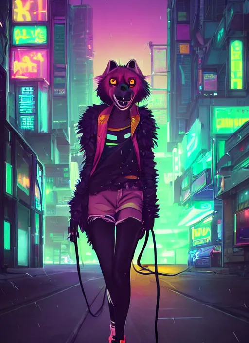 Prompt: beautiful portrait commission of a female furry anthro hyena fursona wearing skater clothes. Cyberpunk city at night in the rain. Neon light. Atmospheric. Character design by charlie bowater, ross tran, artgerm, and makoto shinkai, detailed, inked, western comic book art